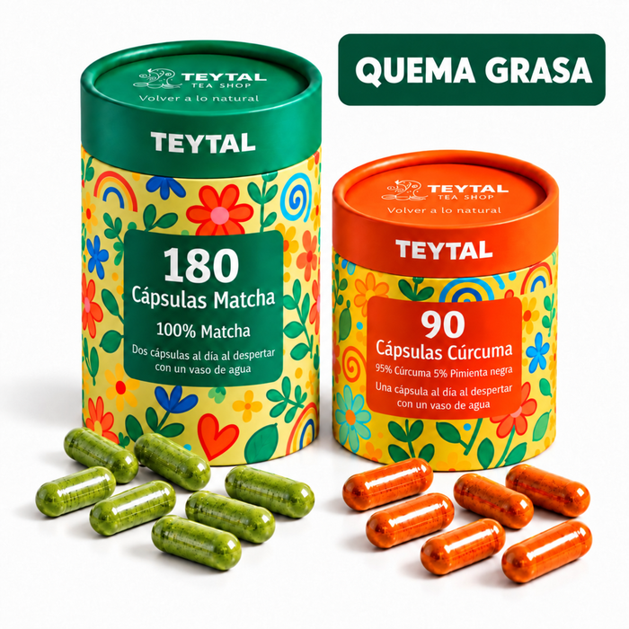 Frascos verde y naranja de cápsulas Matcha y cúrcuma, con diseños florales y cápsulas a juego.