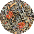 Hojas de té verde con canela y flores de azahar en tonos verdes y naranjas.