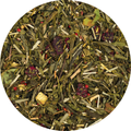 Hojas de té verde con trozos de fruta del dragón secas y pétalos de flores variadas.