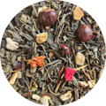 Mezcla de té verde con guaraná, hojas secas, semillas marrones y flores rojas y naranjas.