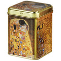 Lata metálica dorada decorada con detalles del cuadro "El Beso" de Klimt en tonos dorados y marrones.