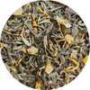 Mezcla de té verde con pedazos pequeños de melón y flores secas en tonos verdes, amarillos y beige.