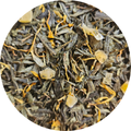 Mezcla de té verde con pedazos pequeños de melón y flores secas en tonos verdes, amarillos y beige.