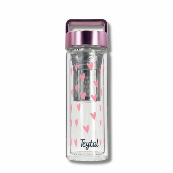 Termo transparente de 350ml con corazones rosas y tapa metálica rosada con asa.