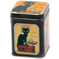 Lata metálica rectangular dorada con ilustración de gato negro y tazas de té en estilo vintage.