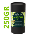 Envase negro de 250 gramos de Matcha XL japonés para beber y repostería con etiqueta verde y amarilla.