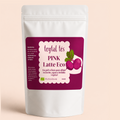 Bolsa blanca de polvo Pink Latte ECO con etiqueta morada y diseño de frutas rosa y hojas verdes.