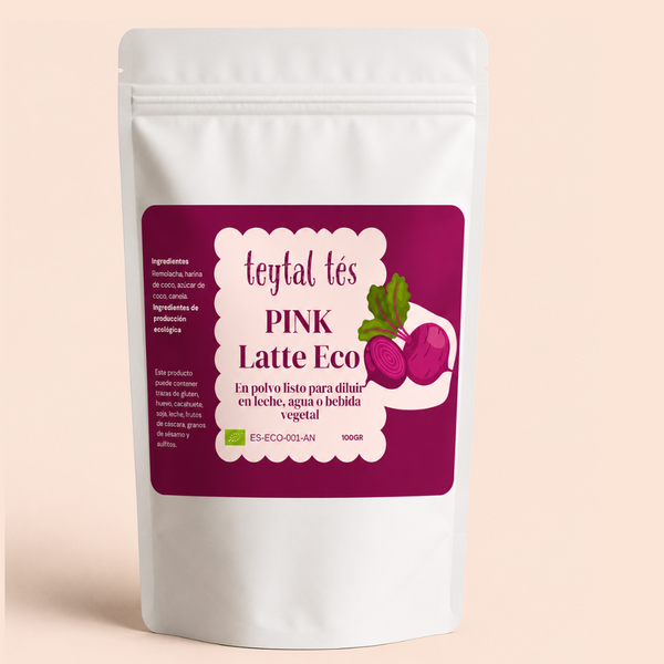 Bolsa blanca de polvo Pink Latte ECO con etiqueta morada y diseño de frutas rosa y hojas verdes.