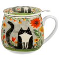 Taza cerámica con diseño de gato negro y flores naranjas, tapa y filtro incluidos, 400 ml.