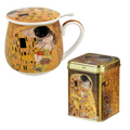 Taza cerámica con diseño El Beso de Klimt, tapa y caja metálica decorada, 400 ml.