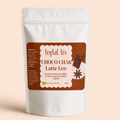 Bolsa blanca resellable de Choco Chai Latte Eco con etiqueta marrón y diseño floral, 100 g.