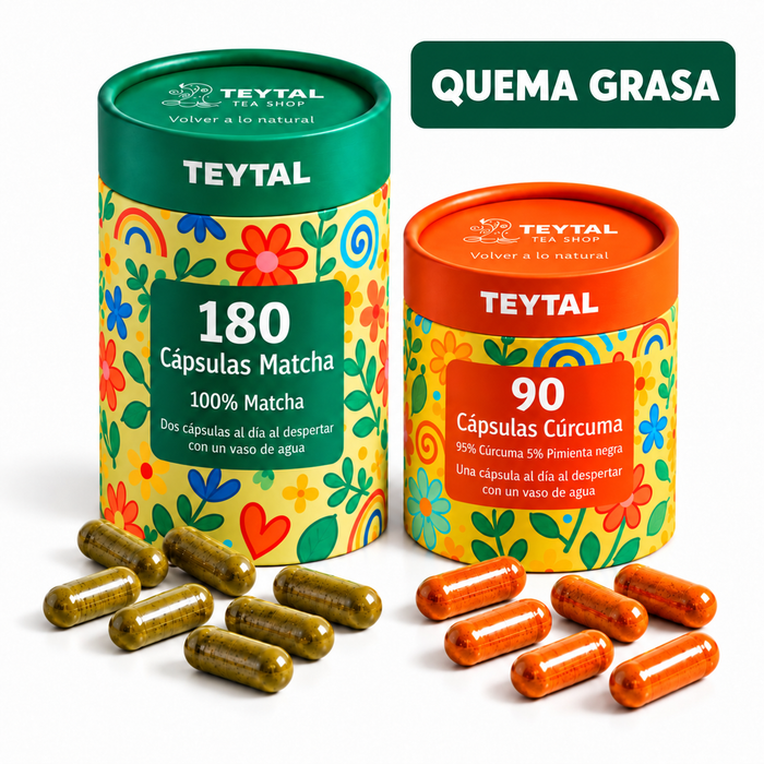 Latas de cápsulas Matcha y cúrcuma en tonos verde y naranja, con cápsulas a juego en primer plano.