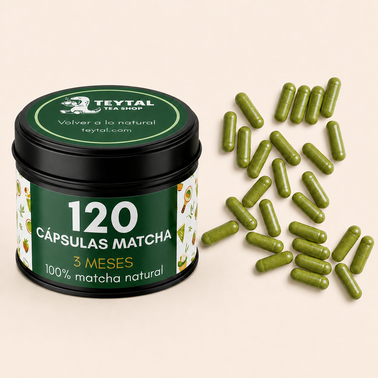 Envase negro con 120 cápsulas de matcha verde natural y etiqueta con texto informativo.