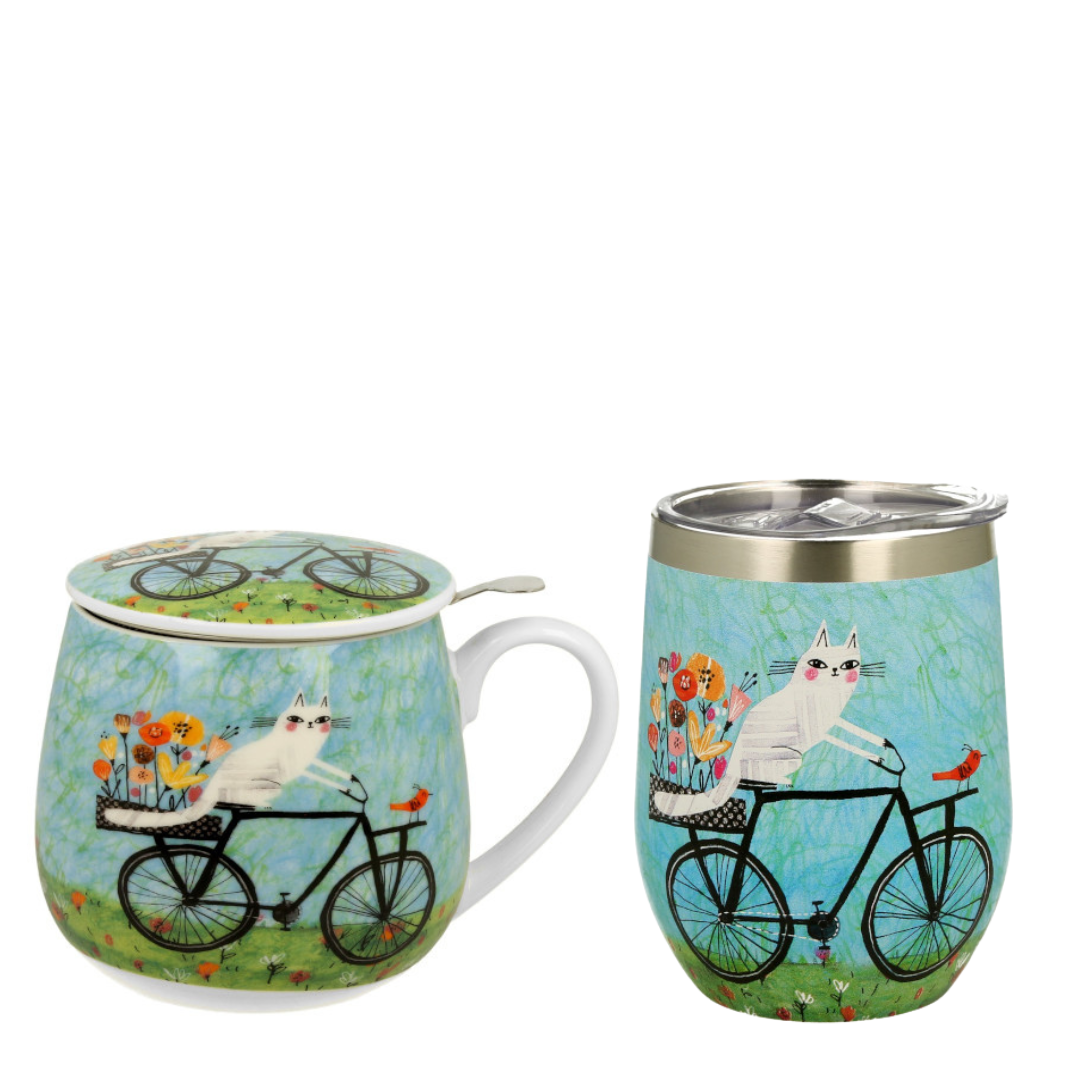 Taza GATO BICICLETA con tapa, filtro y caja de regalo 400ml