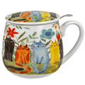Taza cerámica blanca con ilustraciones de gatos coloridos y flores, asa grande.