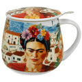 Taza cerámica con diseño colorido de Frida Kahlo, incluye tapa y filtro, capacidad 400ml.