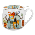 Taza blanca de cerámica con estampado de gatos sobre sofá, tapa y filtro incluidos.