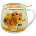 Taza cerámica con diseño de girasoles, tapa con filtro y asa blanca, capacidad 400 ml.