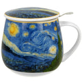 Taza cerámica 400 ml con diseño La Noche Estrellada de Van Gogh, tapa y filtro metálico incluidos.