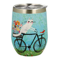 Vaso térmico 33cl con diseño de gato blanco en bicicleta negra sobre fondo azul y flores coloridas.